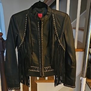 Gilli Black Leather Jacket with Fringe and Gold Hardware. NWOT